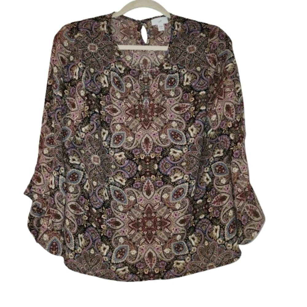 J. Jill Paisley Floral Blouse Purple/Brown/Turquoise Size SP Ruffled Bell Sleeve